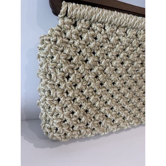 Vintage Woven Macrame Jute Rope Bag Clutch Purse Wood Handle - Picture 2 of 12